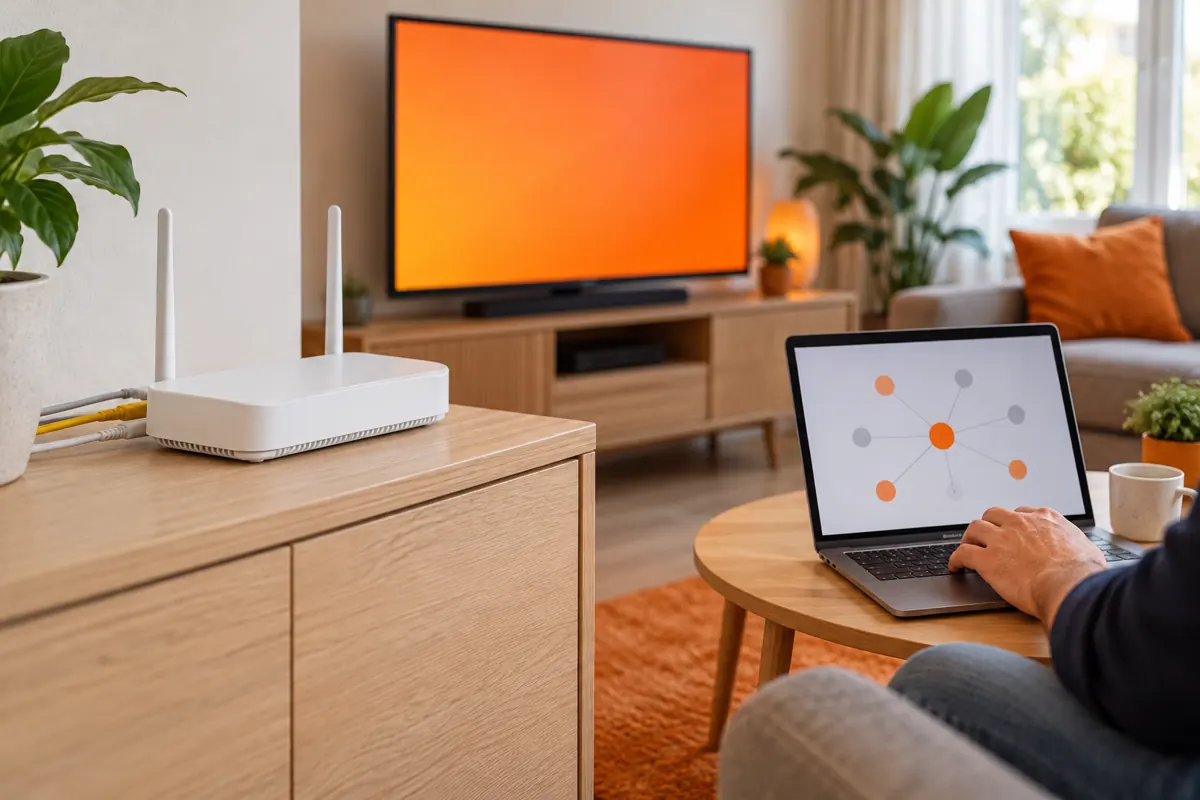 Router met netwerkkabels en laptop bij een televisie met een abstract oranje scherm