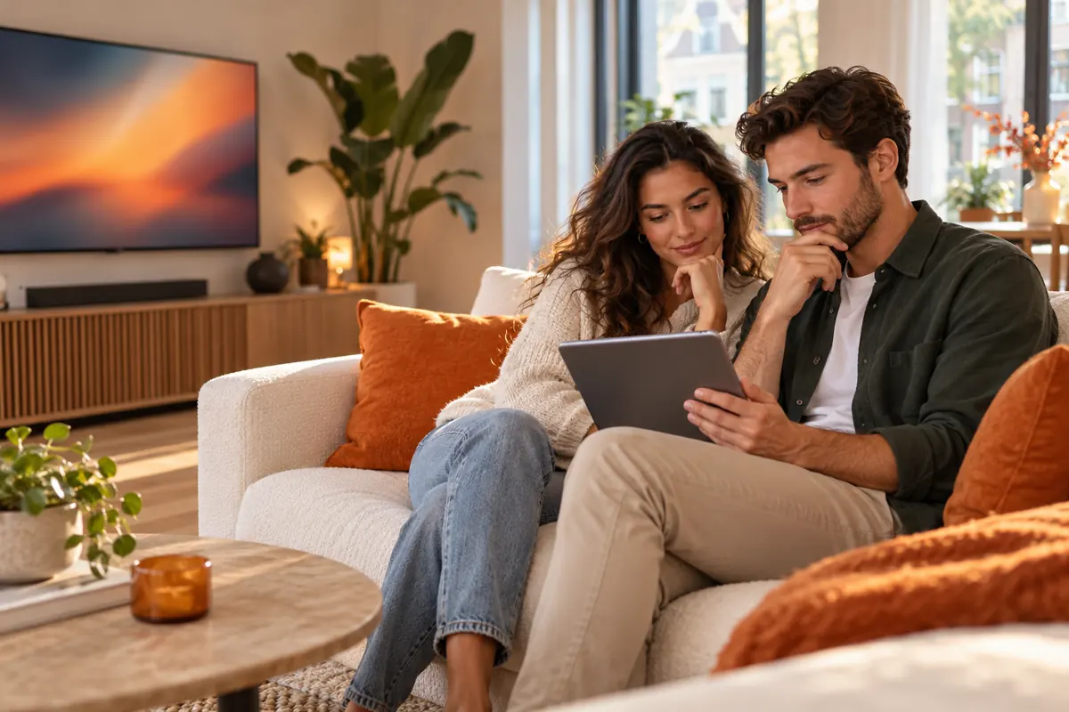 IPTV kopen in 2026: twee volwassenen vergelijken kijkopties op een tablet, illustratie voor PolderTV.