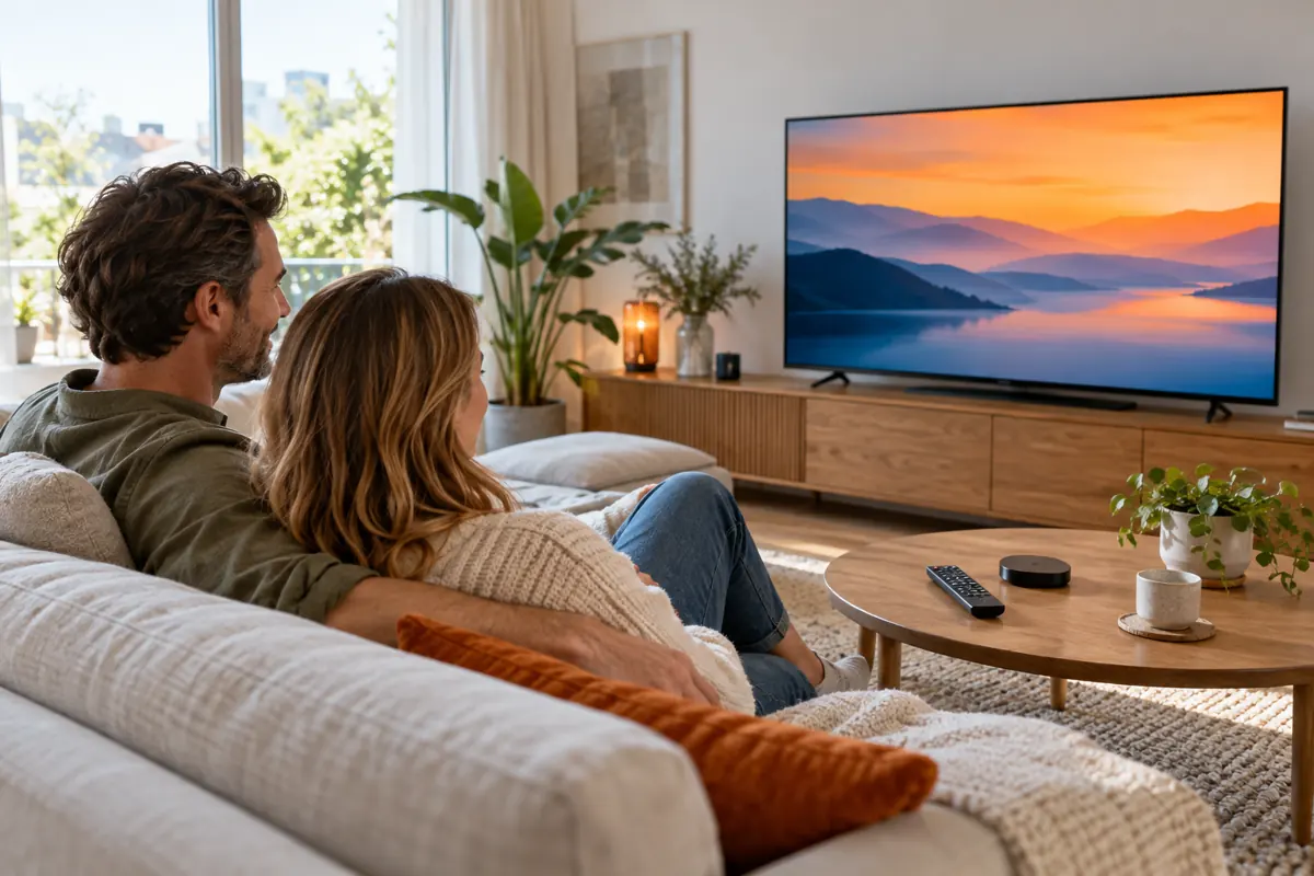 Twee volwassenen kijken naar een televisie met abstract beeld in een lichte woonkamer