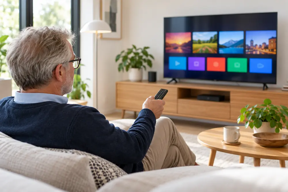 Een huishouden gebruikt een IPTV-speler op het televisiescherm