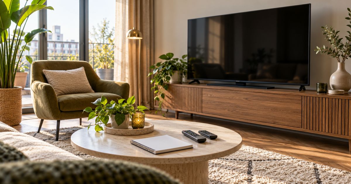 Lichte woonkamer met een neutraal televisiescherm en een onbedrukt streamingapparaat