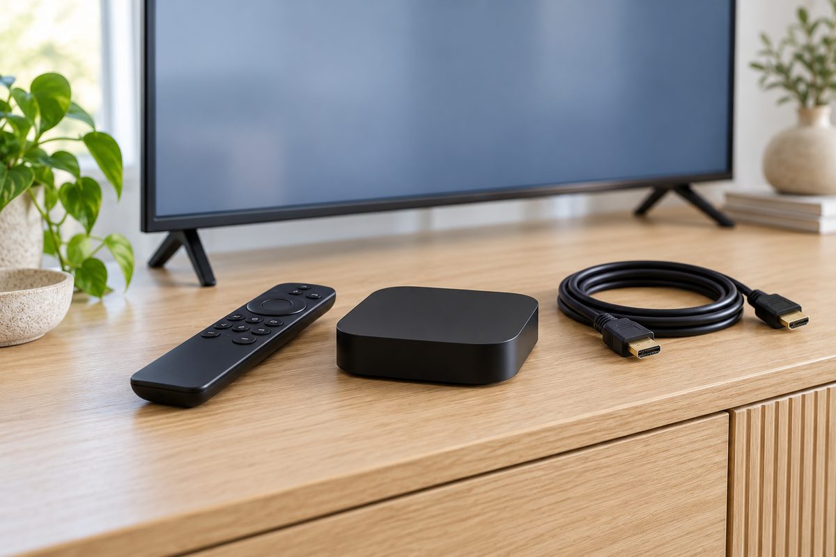 Afstandsbediening en streamingkastje naast een televisie met een neutraal scherm