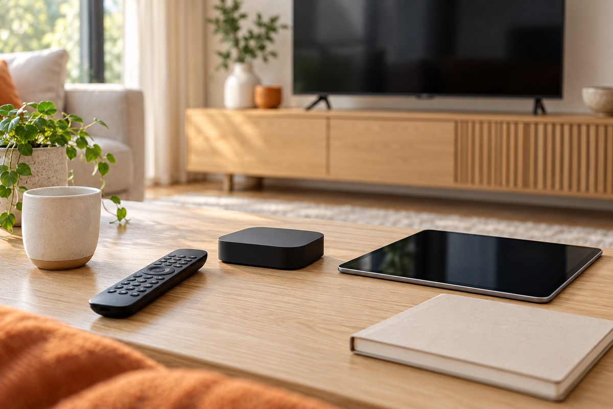 Afstandsbediening, klein streamingkastje en tablet op een lichte tafel bij een televisie